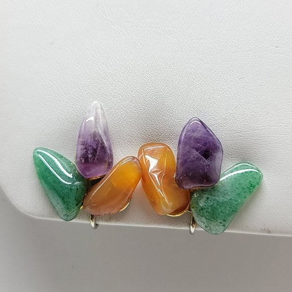 Vintage Jewelry - Green Purple Brown Natural Stone Cluster Screw On Earrings Vintage
